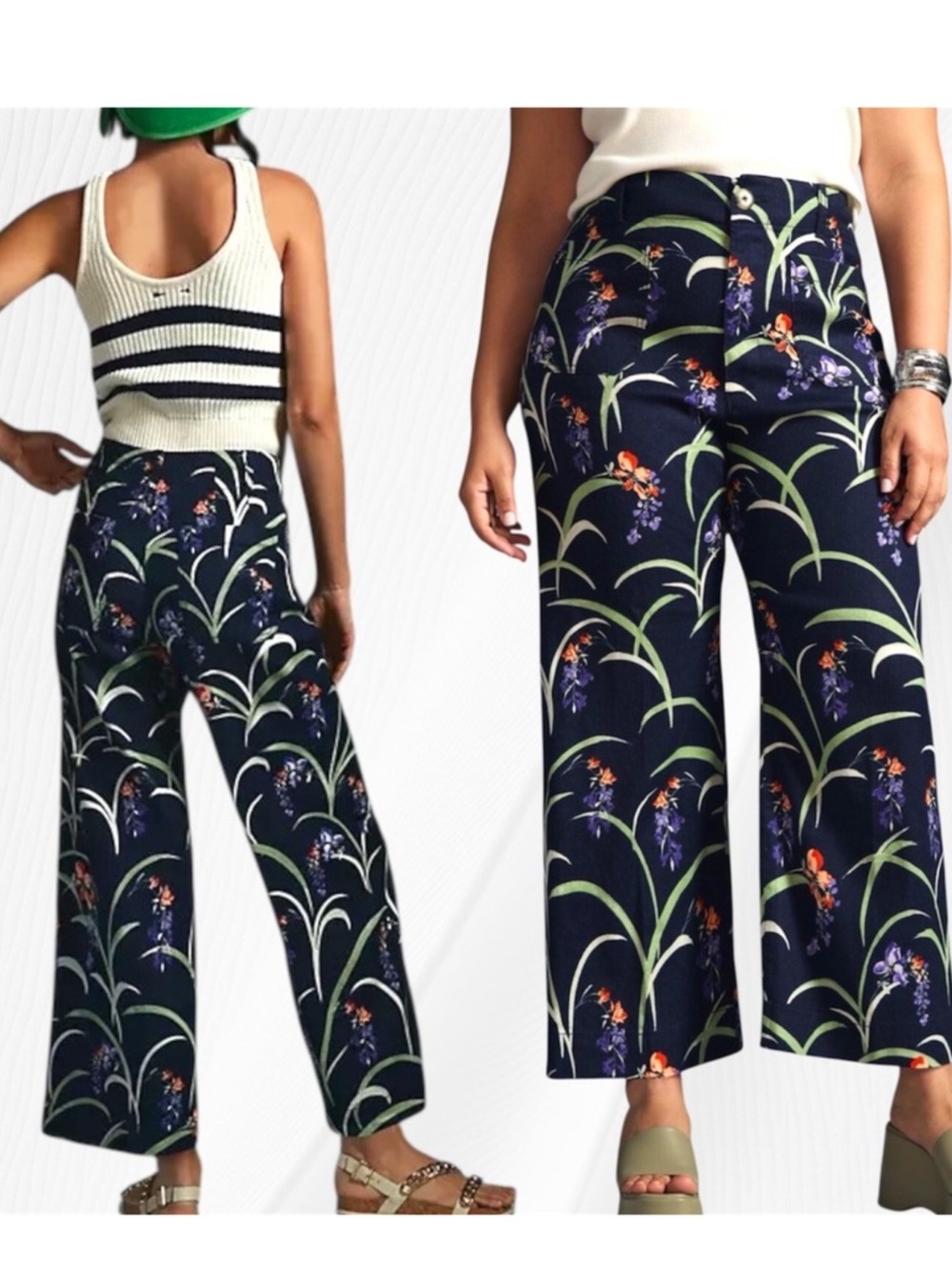 Anthropologie Navy Floral Wide-Leg Pants